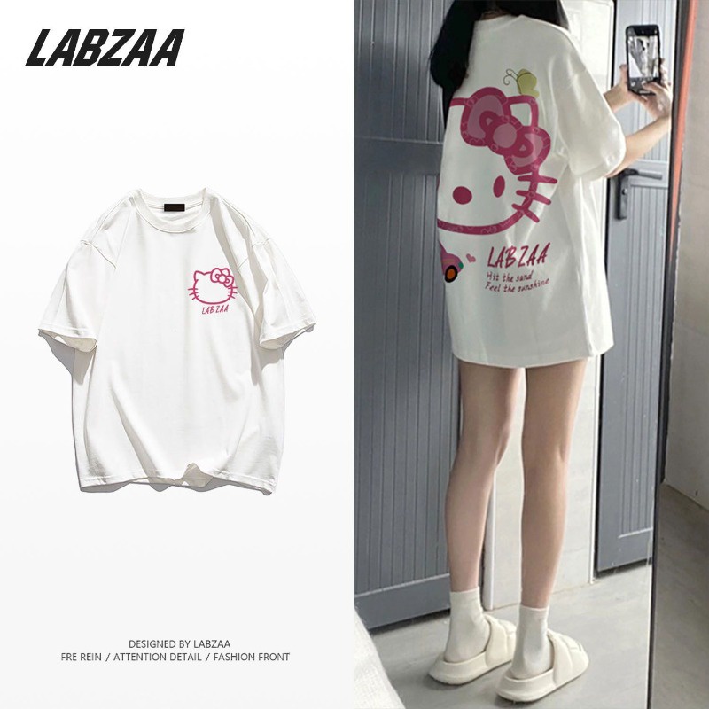 เสื้อยืดคอกลม แขนสั้น พิมพ์ลายการ์ตูนคิตตี้ ทรงหลวม หวานแหวว อเนกประสงค์ แฟชั่นฤดูร้อน สําหรับผู้หญิง