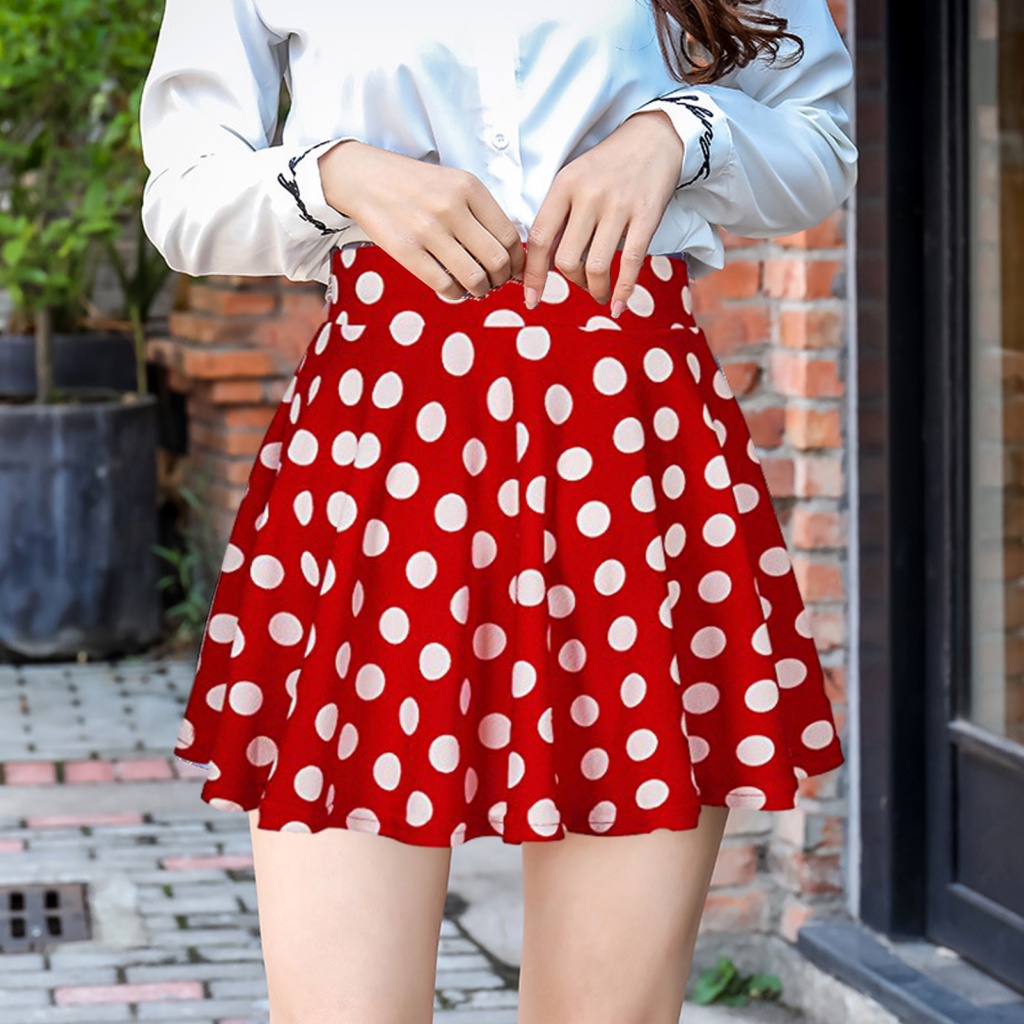 ผู ้ หญิง Dot พิมพ ์ กระโปรงนุ ่ ม Breathable หลวมเอวสูง A-line จีบ Midi ชุดแฟชั ่ น Party เครื ่ องแต ่ งกาย