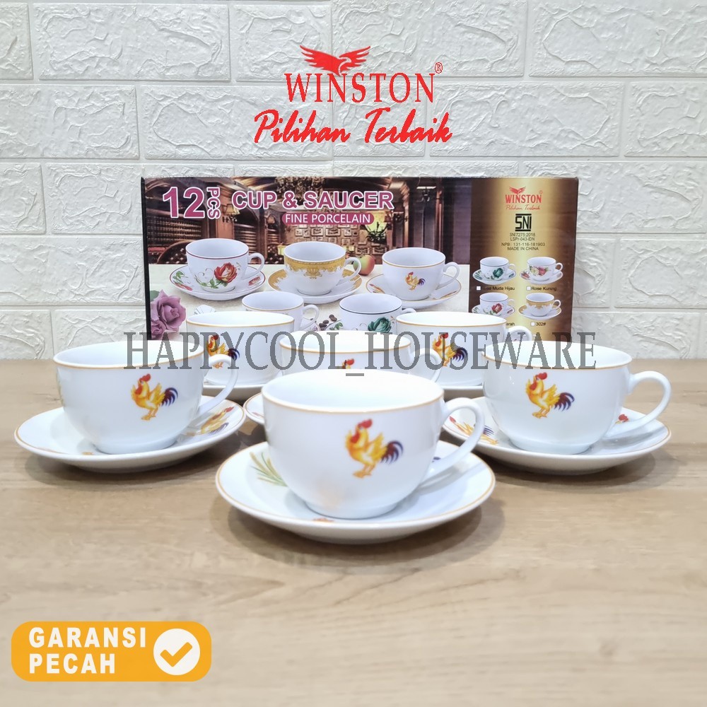 WINSTON 12 ชิ้นเซรามิค Coaster ชุดถ้วย AYAM PADI ถ้วย Handle Tatchak 6 คู่ชุด