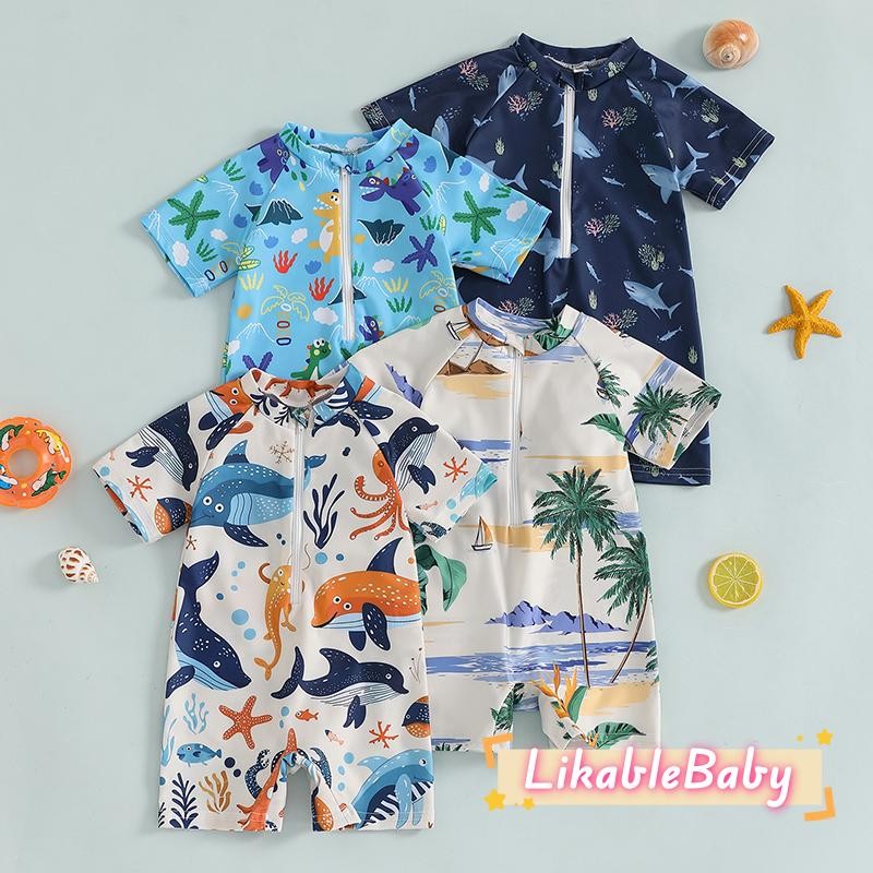 เด็กวัยหัดเดินเด็กสาวฉลามพิมพ์แขนสั้นจําลองคอซิปขึ้นผื่นยามชุดว่ายน้ํา