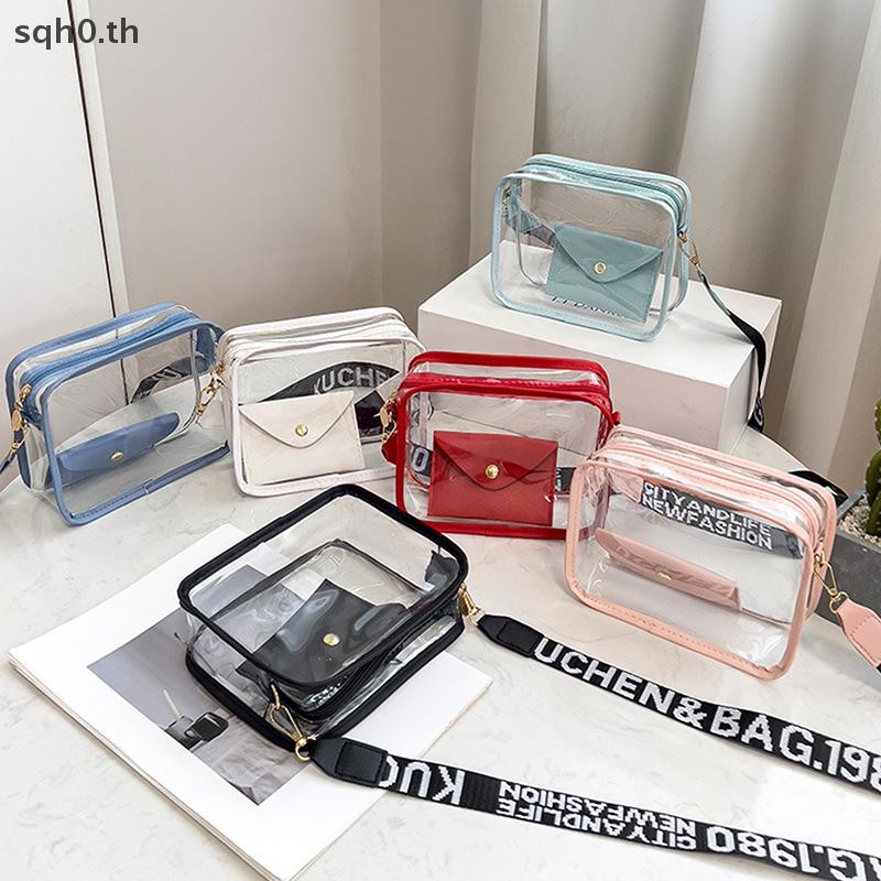 [zqh] กระเป๋าใสผู้หญิงพร้อมกระเป๋าใส PVC กระเป๋าสะพายข้างพร้อมสายรัดแบบถอดได้ [TH]