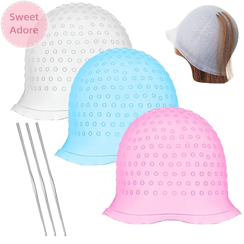 Sweetadore สีผมหมวกไฮไลท์ซิลิโคนแบบใช้ซ้ําได้หมวกไฮไลท์ดึงผ่านหมวกสําหรับผม Dying Frosting หมวกพร้อมตะขอ TH