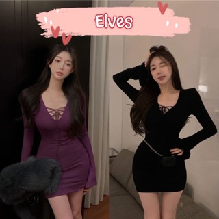 Elves✨พร้อมส่ง✨ ชุดเดรสไหมพรม แขนยาวเว้าหน้าอก ~Y1311~ -C