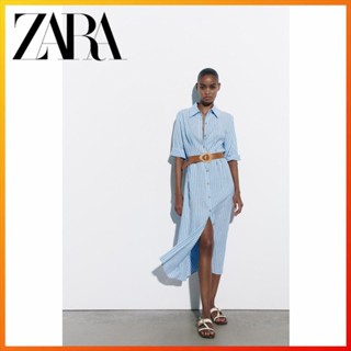 Zara ใหม่ ชุดเดรสเชิ้ต ผ้าลินิน ลายทาง มีเข็มขัดรัด สําหรับผู้หญิง