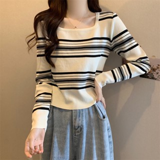 3825#大码条纹长袖t恤女秋季2023新款女装方领针织衫正肩打底上衣胖mm