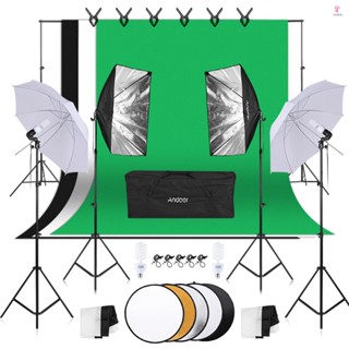 Andoer Photography Kit 1.8m*2.7m Black White Green Cotton Backdrops 6pcs Fish-like Mount 1pc 60cm 5in1 Photography Reflector 2pcs 33 Inch White Soft Light Umbrella 2pcs 50cm*70cm Softbox with Single Bulb Holder 4pcs 45W Light Bulb 2pcs Swivel Socket with