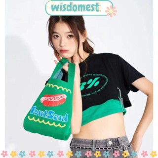 Wisdomest กระเป๋าถือ กระเป๋าสะพายไหล่ ผ้าถัก แฮนด์เมด สีเขียว ใช้ซ้ําได้ สําหรับนักเรียน