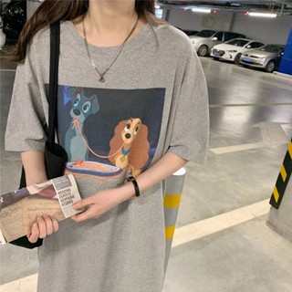 เสื้อยืดลําลอง ความยาวเหนือเข่า ทรงหลวม พิมพ์ลายการ์ตูน ขนาดใหญ่ แฟชั่นฤดูร้อน สําหรับสตรี