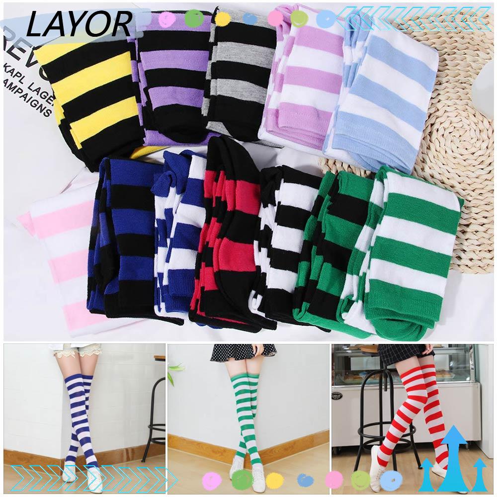 Layor ถุงน่องยาวถึงเข่า ผ้าฝ้ายถัก ลายทาง ให้ความอบอุ่น 12 สี แฟชั่นสําหรับสตรี
