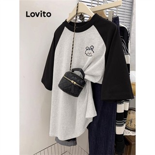 Lovito เสื้อยืดลําลอง ผ้าเย็บปะติดปะต่อกัน สําหรับผู้หญิง LNE24235 (สีเทา)