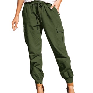 Women Drawstring Green Wear Resistant Elastic Waist Outdoor Sports Hip Hop Multi Pockets Cargo Pants