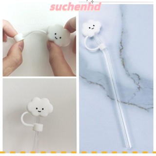 Suchenhd หลอดดูดแก้ว ซิลิโคน กันฝุ่น พร้อมหลอดดูด แก้วน้ําแฟชั่น อุปกรณ์เสริม ปลอกท่อเมฆ สีขาว บ้าน