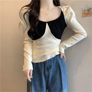 เสื้อกันหนาว คอสี่เหลี่ยม แขนพอง สีตัดกัน สไตล์ใหม่ แฟชั่นฤดูใบไม้ร่วง สําหรับผู้หญิง