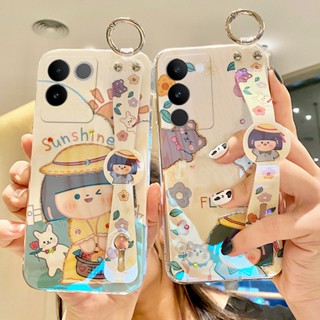 เคสโทรศัพท์มือถือแบบนิ่ม ลายการ์ตูนเด็กผู้หญิง ดวงอาทิตย์ ดอกไม้ ประดับพลอยเทียม พร้อมสายคล้องข้อมือ สําหรับ VIVO V29 5G