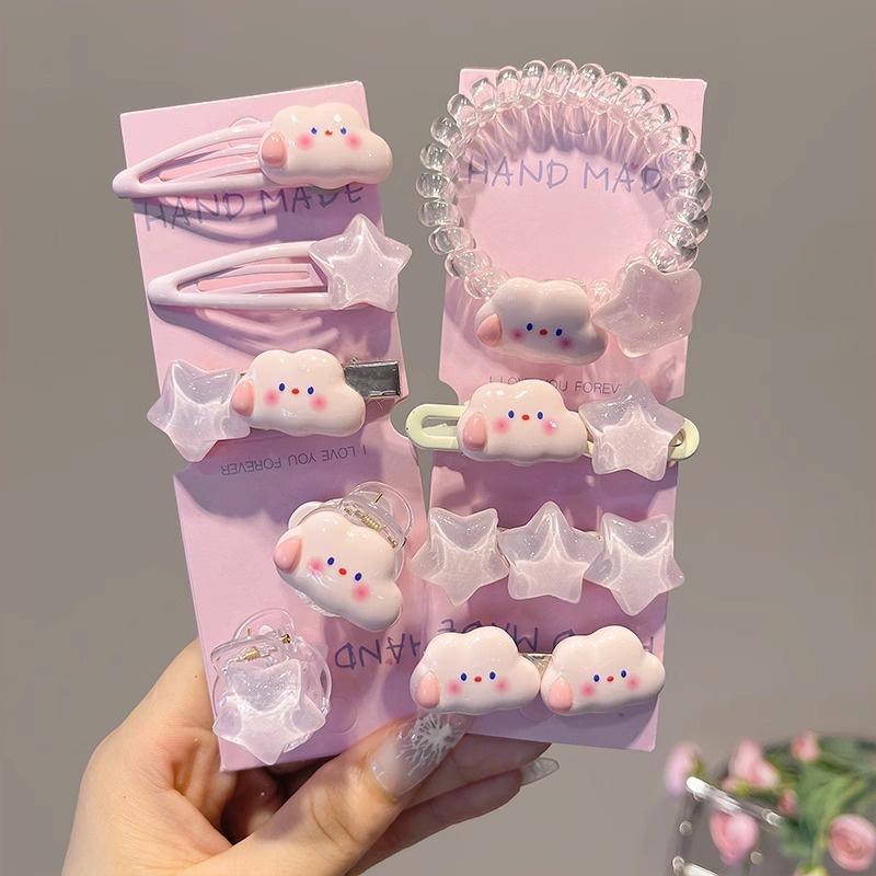 1/6/9 ชิ้น สีชมพู ซีรีส์ น่ารัก เด็กผู้หญิง สีชมพู เมฆ ดาว กิ๊บ หน้าม้า ปากเป็ด คลิป ผ้าโพกศีรษะ อุปกรณ์เสริม