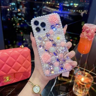 เคสโทรศัพท์มือถือ แบบนิ่ม ลายดอกไม้ ประดับเพชร สําหรับ iPhone 15 14 Pro Max 13 12 11 Pro Max 14 15 Plus 12 13 14 15 Pro Max