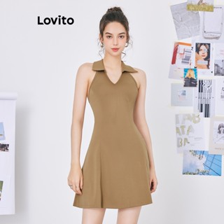 Lovito เดรสเข้ารูป ชายระบาย สีพื้น สไตล์ลำลอง สำหรับผู้หญิง L59ED102 (สีกากีอ่อน)