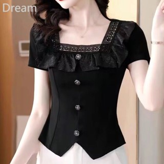 French retro lace square collar slim slimming young western style short sleeve top for women