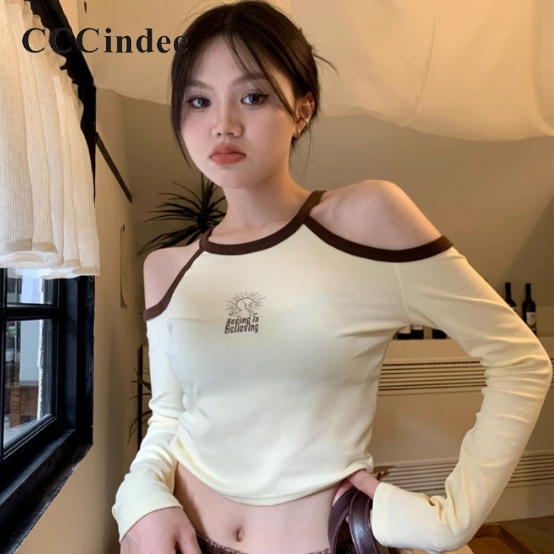 Cccindee ใหม่ เสื้อยืดลําลอง แขนยาว คอกลม สีตัดกัน เซ็กซี่ แฟชั่นสําหรับสตรี 2023