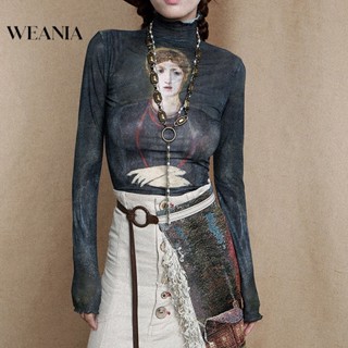 Weania เสื้อแขนยาว คอสูง พิมพ์ลายภาพวาดสีน้ํามัน สไตล์เรโทร อเมริกัน สําหรับผู้หญิง