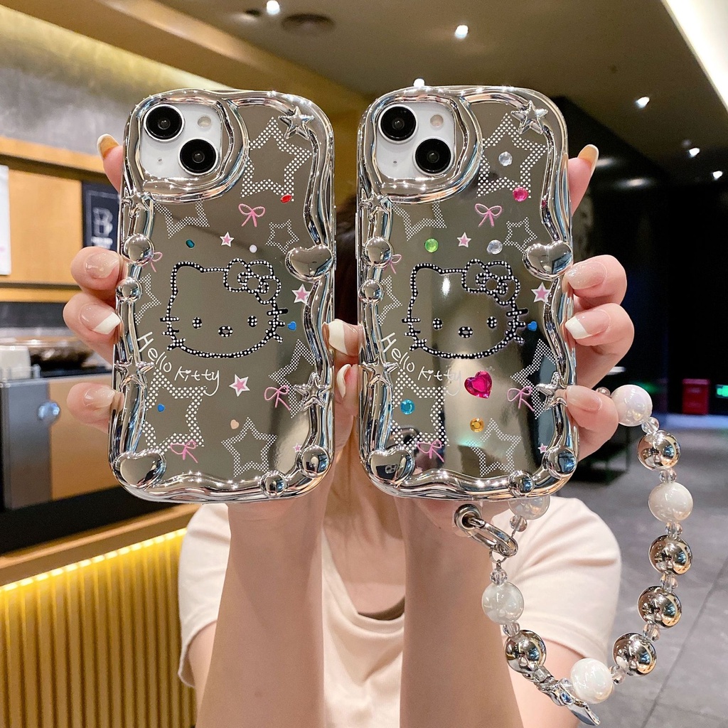 เคสป้องกันโทรศัพท์มือถือกระจก กันกระแทก ลายแมว KT ประดับเพชร พร้อมสายคล้องไข่มุก สําหรับ Apple Iphone 1 15 PRO MAX 14 Plus 11 12 13 X XR XS MAX 7Plus 8 Plus