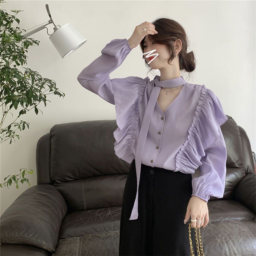 เสื้อเชิ้ตแขนยาว คอวี ทรงหลวม สไตล์หวานแหวว แฟชั่นฤดูใบไม้ร่วง สําหรับผู้หญิง