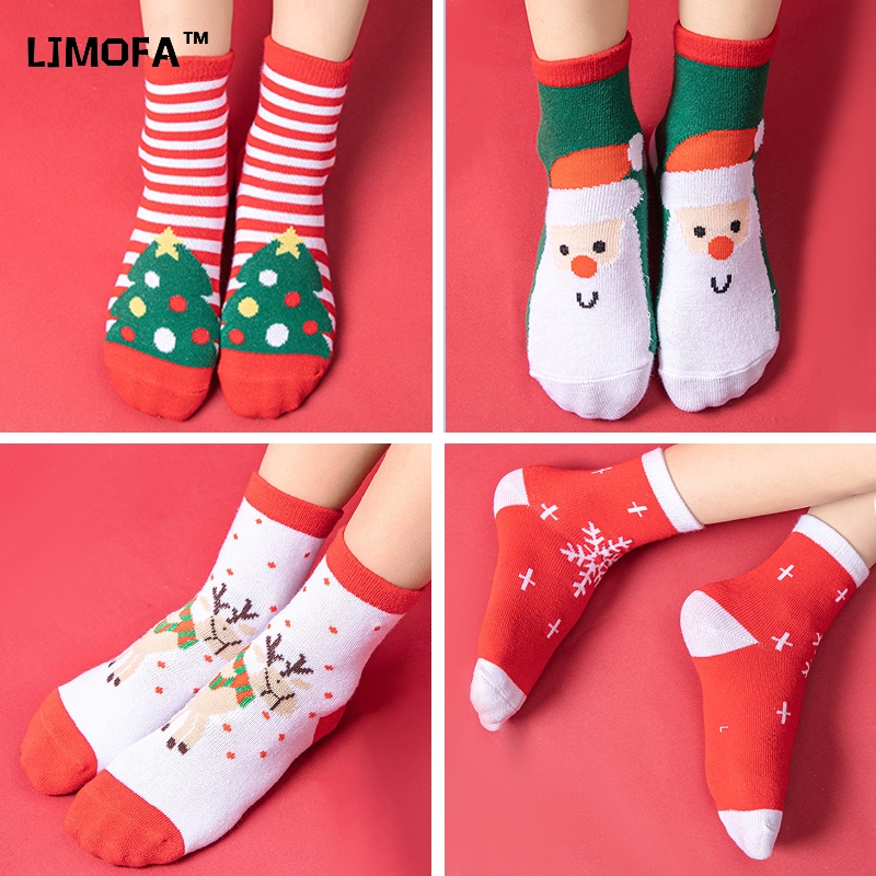 Ljmofa KIDS 1 คู่ถุงเท้าคริสต์มาสผ้าฝ้ายน่ารักการ์ตูน Santa Claus Elk Stocking สําหรับ 1-12Y ชายหญิง