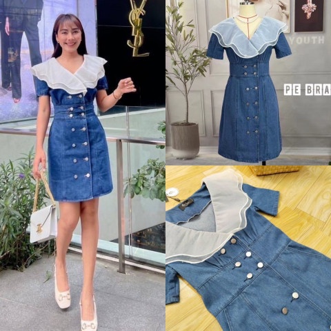 D385_2 (S-4XL) น่ารักที่สุด!!! เดรสยีนส์แท้ แต่งคอระบาย ฟูๆ น่ารักไม่ไหว ใส่เที่ยวปังๆ