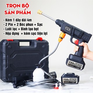 Máy Rửa Xe 2 Pin - Cầm Tay Không Dây Áp Lực Cao Cho Mọi Loại Xe 2 Pin 199V 25000mAH Công Suất 600w