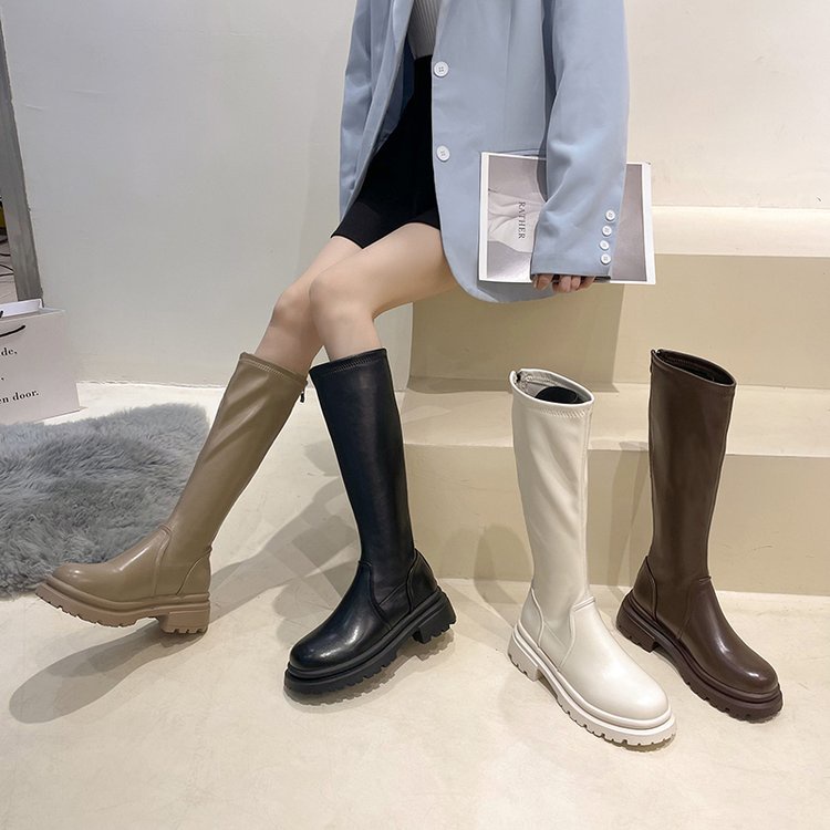 ฤดูใบไม้ผลิฤดูใบไม้ร่วงสไตล์ใหม่สไตล์อังกฤษรอบ Toe Platform Sole สูงหลอดแฟชั่นรองเท้า PU หนังกลับซิปเยาวชนกลางส้นรองเท้ายางยืดผู้หญิง