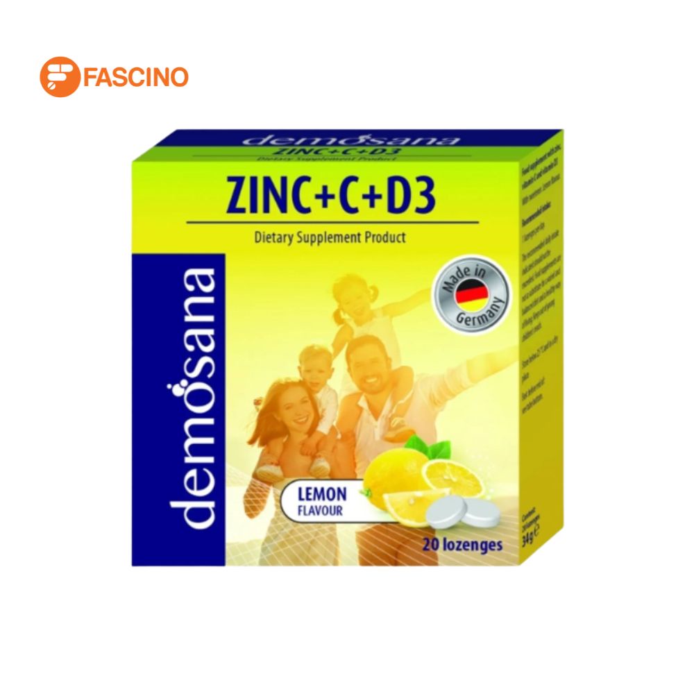 DEMOSANA ZINC+C+D3 ดีโมซานา ผลิตภัณฑ์เสริมอาหาร ซิงค์ วิตามินซี วิตามินดี 3 กลิ่นเลมอน (กล่อง 20 เม็