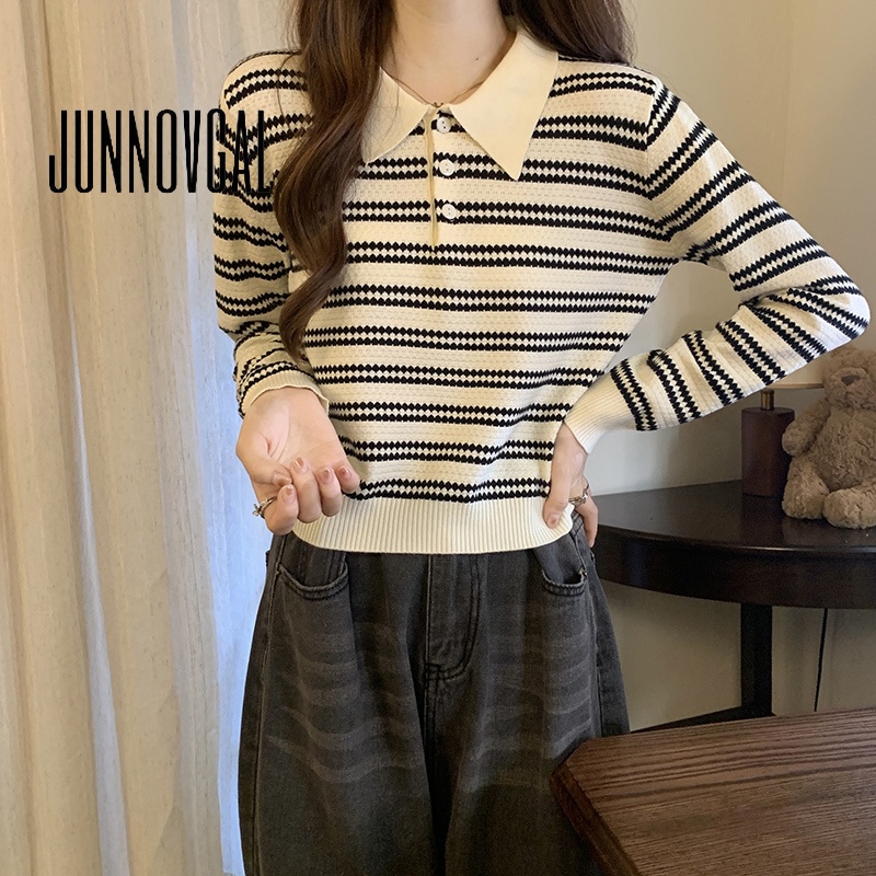 Junnovgal เสื้อกันหนาวลําลอง แขนยาว ลายทาง สีตัดกัน สําหรับผู้หญิง 2023