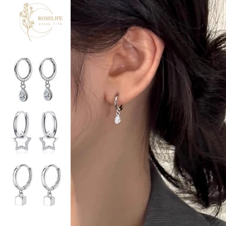 Roselife ต่างหูห่วงเงิน S925 จี้รูปดาว ประดับเพทาย เครื่องประดับ สําหรับผู้หญิง