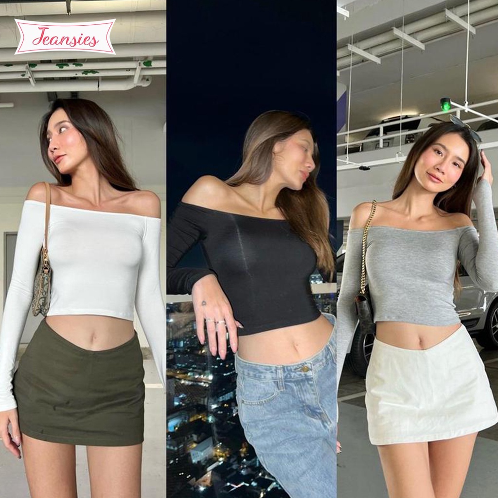 พร้อมส่ง เสื้อครอปเเขนยาวปาดไหล่เผยความเซ็กซี่แบบเรียบง่าย
