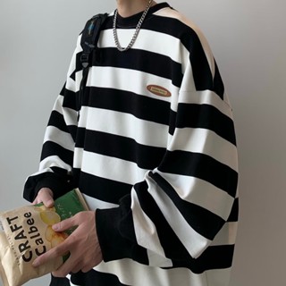 เสื้อกันหนาว คอกลม ทรงหลวม ขนาดใหญ่ ลายทาง สีตัดกัน สไตล์ญี่…