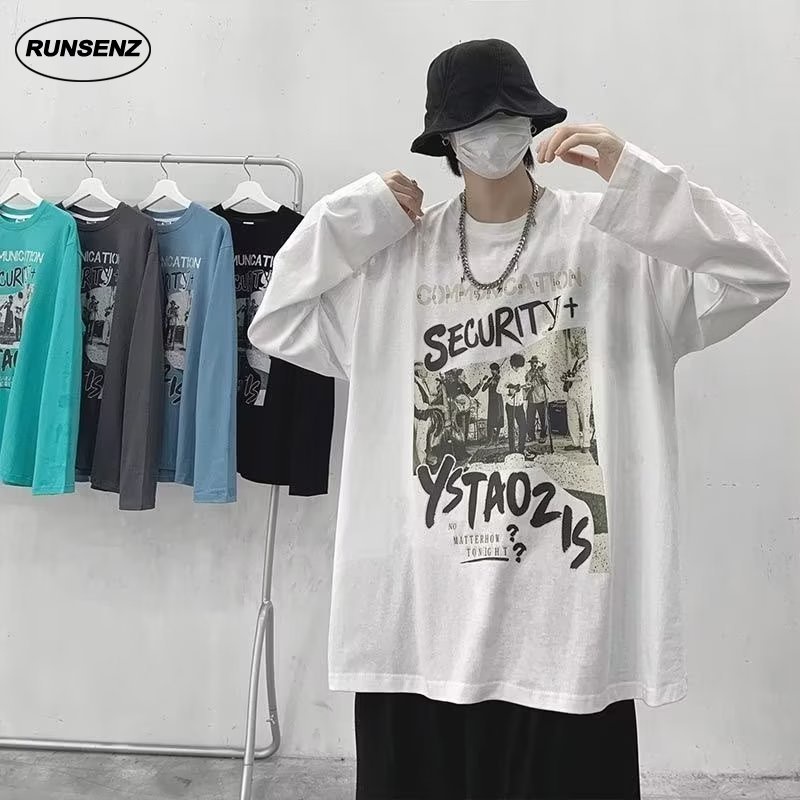 เสื้อยืดลําลอง แขนยาว คอกลม ทรงหลวม โอเวอร์ไซซ์ สไตล์เกาหลี สําหรับผู้ชาย ไซซ์ M-8XL