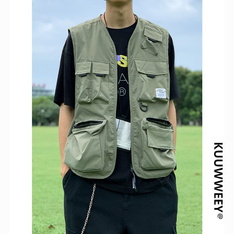 เสื้อกั๊กคาร์โก้ แบบบาง ทรงหลวม มีหลายกระเป๋า แฟชั่นฤดูใบไม้ผลิ และฤดูใบไม้ร่วง สําหรับผู้ชาย