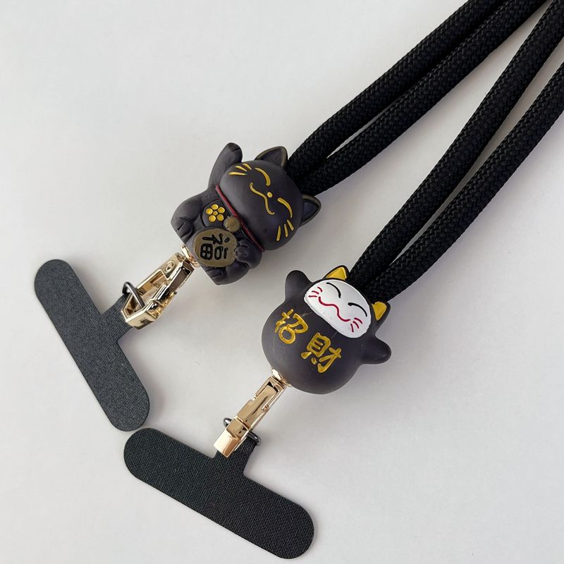 Kwy Store & Lucky Cat สายคล้องโทรศัพท์มือถือ ป้องกันการสูญหาย สีดํา สไตล์ยุโรป อเมริกัน แฟชั่นสําหรับผู้ชาย ผู้หญิง
