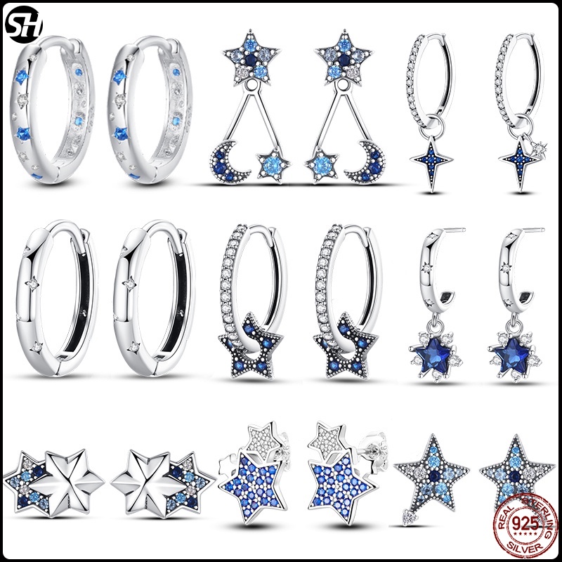จริง 925 เงินสเตอร์ลิง Star ต่างหูผู้หญิงประกายเพทายหู Studs หรูหรา Fine หมั้นเครื่องประดับงานแต่งงานของขวัญสําหรับสาว