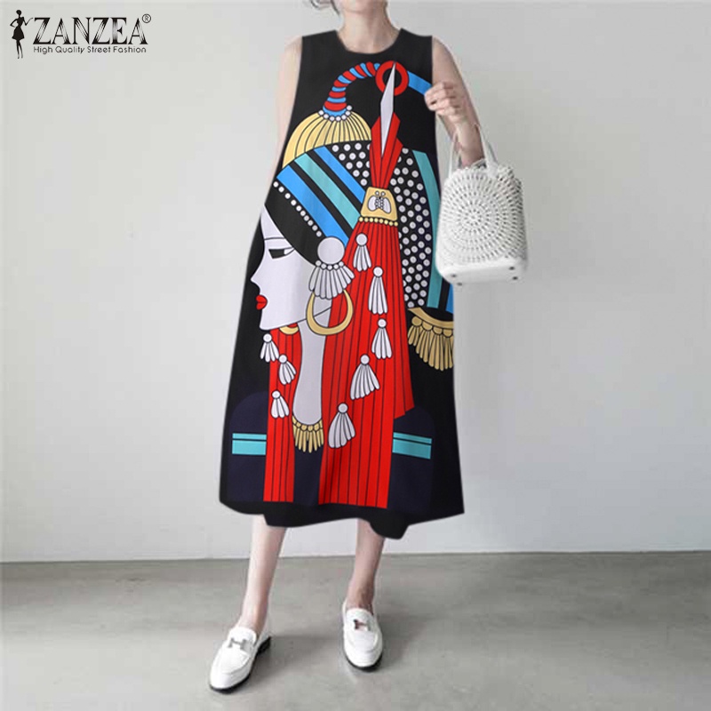 ZANZEA ซานเซีย ชุดเดรสลําลองคอกลมแยกด้านหลังแขนกุดหลวมพิมพ์ลาย — صورة 4