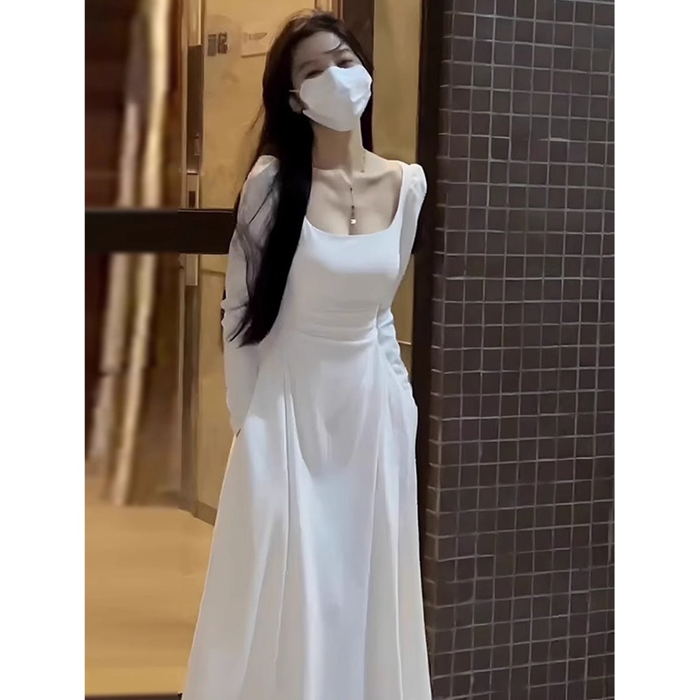 Xiao ชุดเดรสแขนยาว คอสี่เหลี่ยม สีขาว สไตล์ฝรั่งเศส แฟชั่นฤดูใบไม้ร่วง สําหรับผู้หญิง XQRL