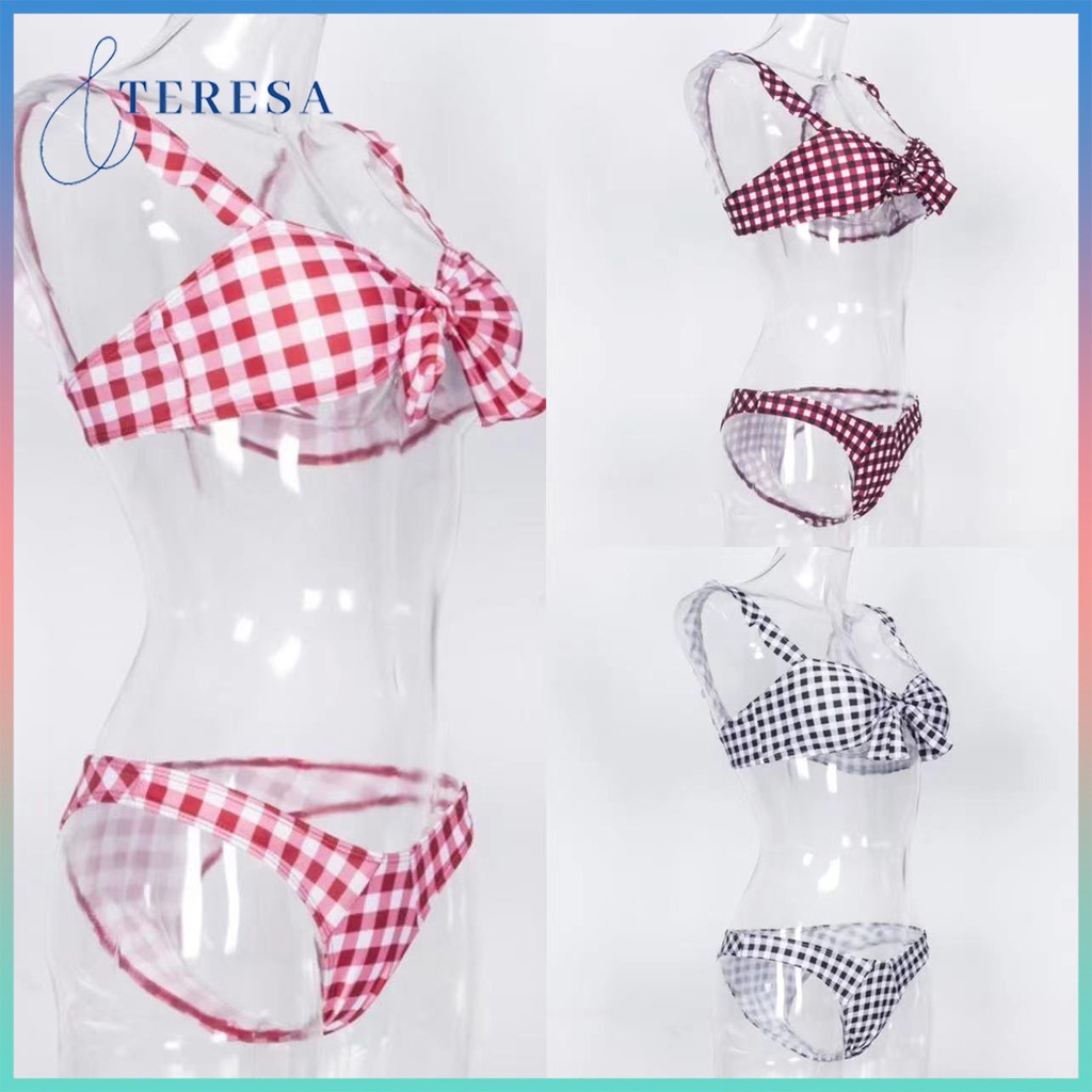 ชุดว่ายน้ำ ทูพีชเอวสูง บราสายเดี่ยวสไตล์เกาะอก สกรีนลายสก็อตทั้งผืน