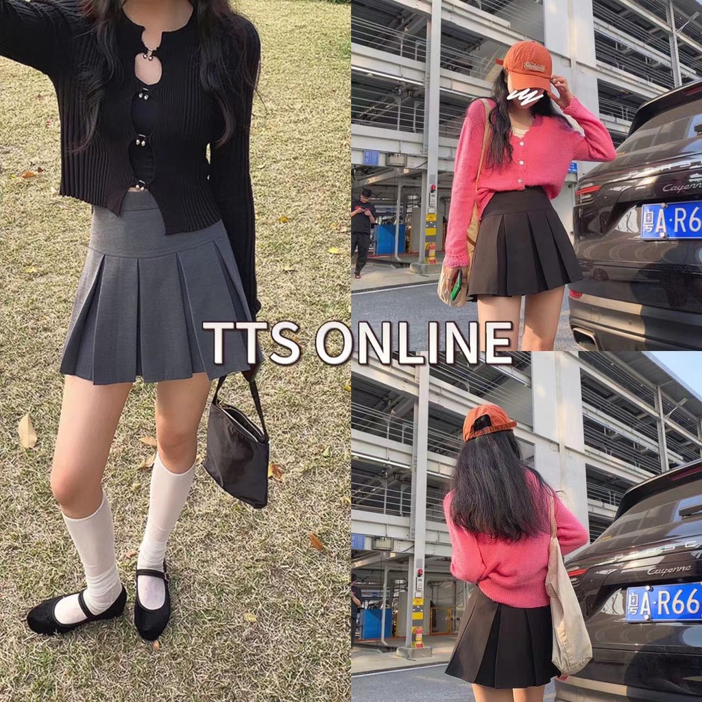 TTS กระโปรงจีบเอวสูงสีเทาดำสำหรับผู้หญิงลดน้ำหนักกระโปรงทรงเอสไตล์วิทยาลัยอเมริกันเอวสูง