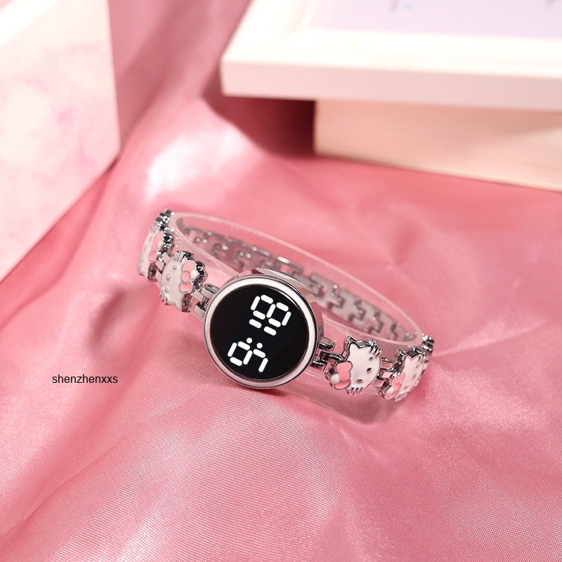 นาฬิกาข้อมือดิจิทัล LED สายสแตนเลส สามารถปรับได้ ลายการ์ตูนแมวน่ารัก แฟชั่นสําหรับผู้ชาย และผู้หญิง