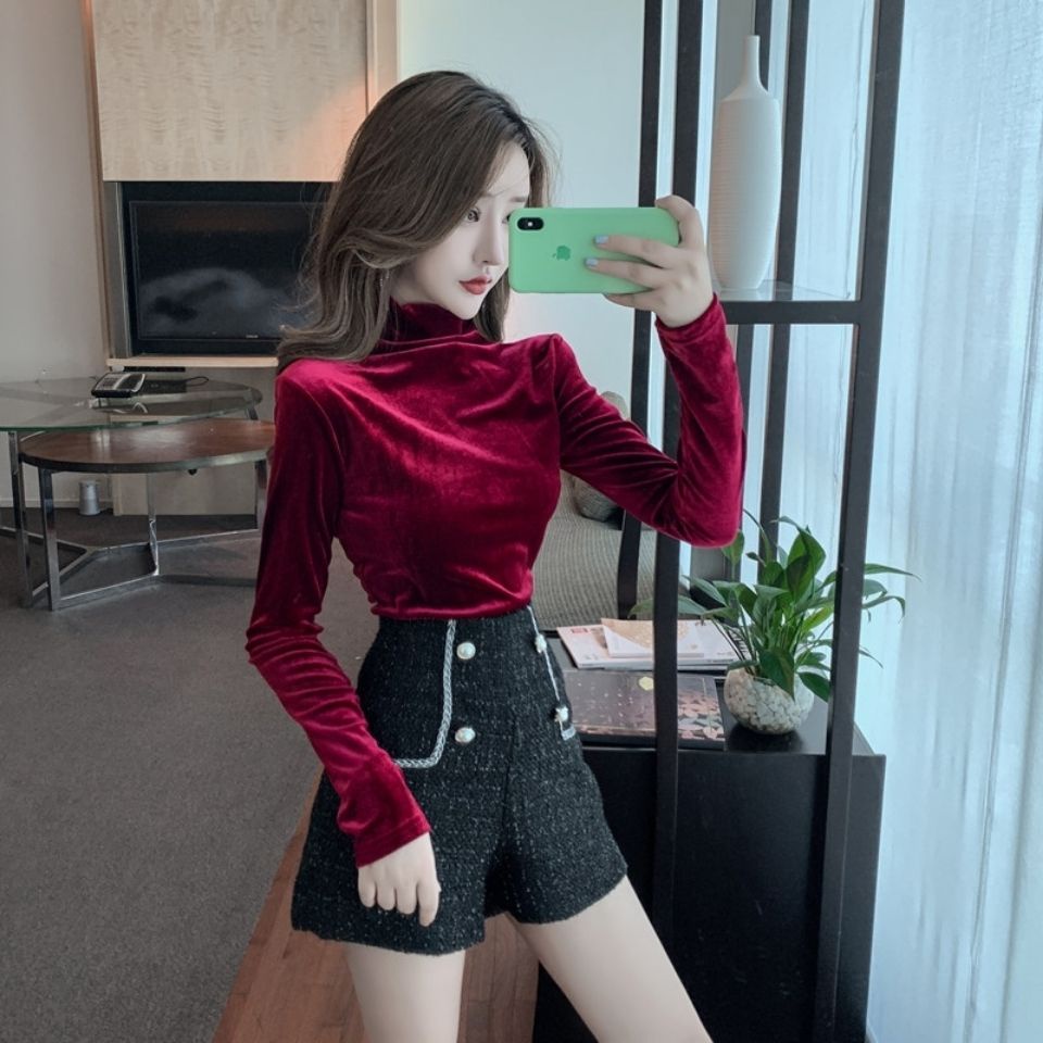 เสื้อยืดคอเต่า ผ้ากํามะหยี่ สีพื้น สําหรับผู้หญิง