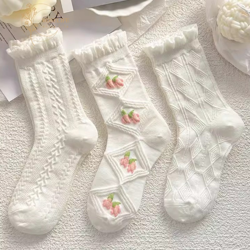 Roselife เกาหลี น่ารัก สีชมพู ดอกทิวลิป สีขาว โลจิสติก ถุงเท้าหลวม สําหรับผู้หญิง เด็กผู้หญิง แฟชั่น ดอกไม้ ถุงน่องสั้น รองเท้า