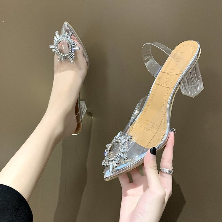 Hwshoes รองเท้าส้นสูง หัวแหลม สายรัดโดยตรง รองเท้าแตะคริสตัล บล็อกรองเท้า ส้นไวน์ แฟชั่นสําหรับผู้หญิง