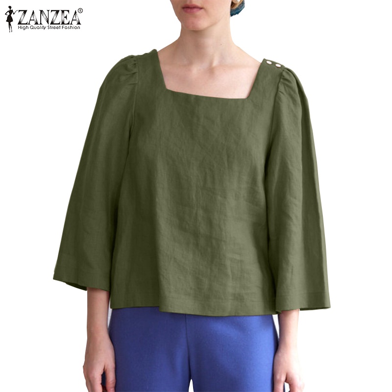 Zanzea เสื้อเบลาส์แขนสามส่วน คอสี่เหลี่ยม สีพื้น สไตล์วินเทจ สําหรับผู้หญิง