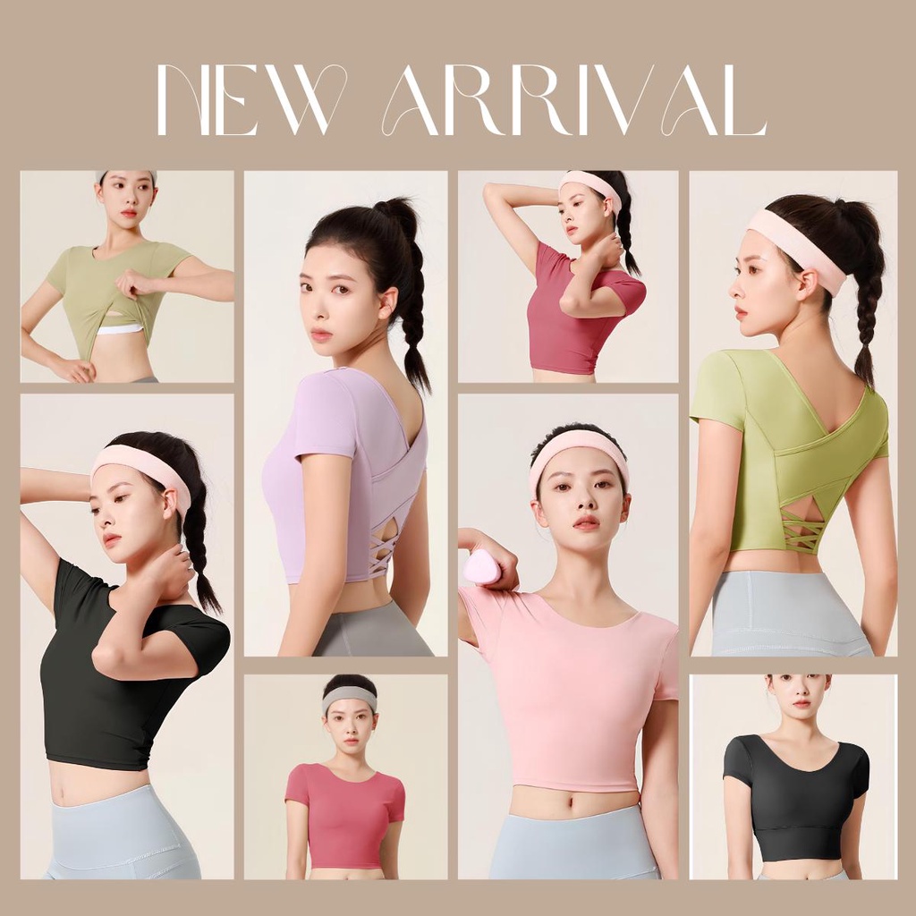 เสื้อโยคะแขนสั้น เสื้อยืดออกกำลังกาย Sport Bra มีฟองน้ำในตัว ดีไซน์สวย แต่งสายไขว้ด้านหลัง Size S-XXL