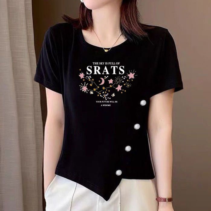 เสื้อยืดแขนสั้น ประดับลูกปัด ทรงไม่สมมาตร สไตล์เกาหลีตะวันตก อเนกประสงค์ แบบเข้ารูป เหมาะกับฤดูร้อน สําหรับผู้หญิง